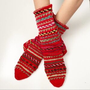 Handmade‎ Vintage Women Juniors Mittens Red Nordic Fair Isle Stripe Long Gloves